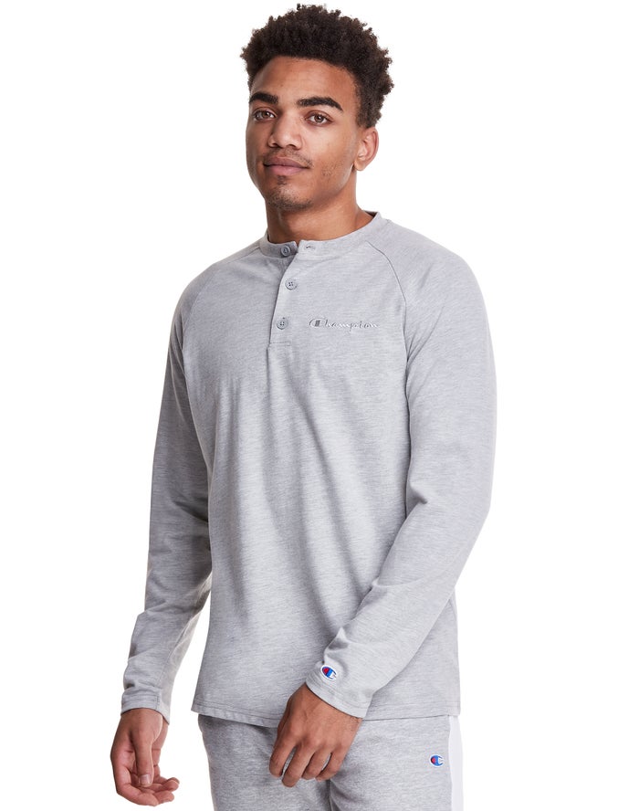 Champion Long Sleeve Henley Erkek Tişört Gri ( YFNIKB127 )